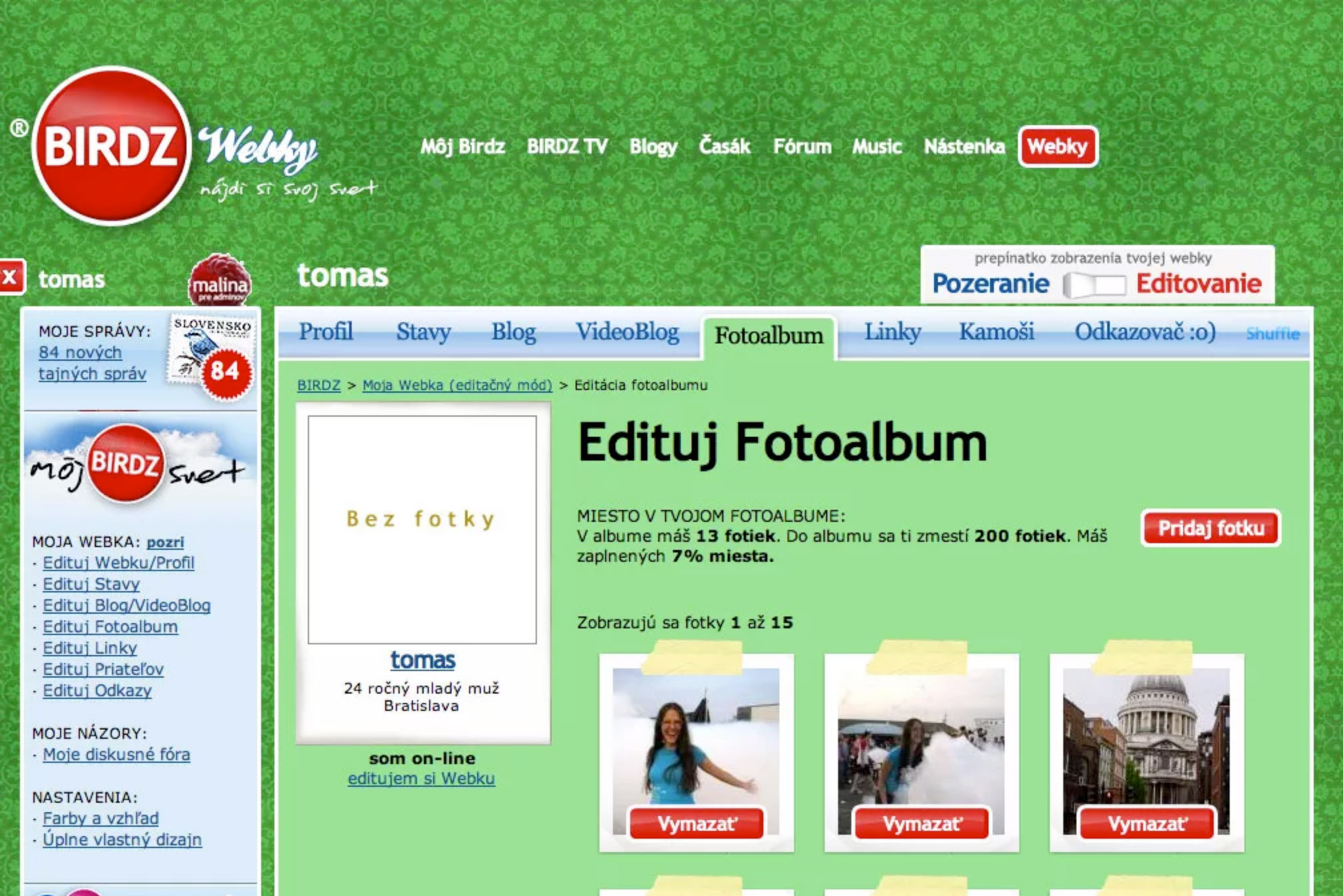 Starý dizajn editácie profilov v roku 2008