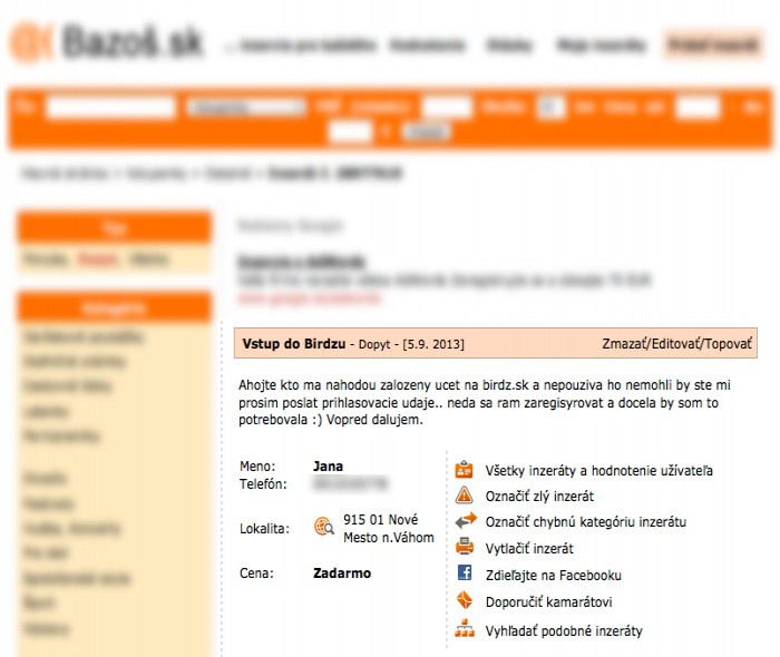 Bazoš.sk: Inzerát na vstup do Birdz.sk.
