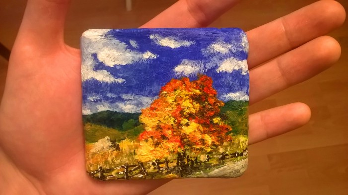 Jeseň (akryl na sadrovom odliatku, cca 8x8 cm).