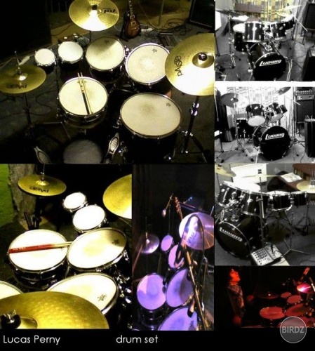 Ludwig Accent Custom Drum Set
Supraphonic snare drum 14”x6.5”(Evans), 
Add-on toms 6” x 6” and 8” x 6”  
Tom-tom      12” x 10” (drumhead REMO), 
Tom-tom      13” x 11” (drumhead REMO), 
Bass drum    22” x 18”(drumhead REMO),
Floor tom    16” x 16” 