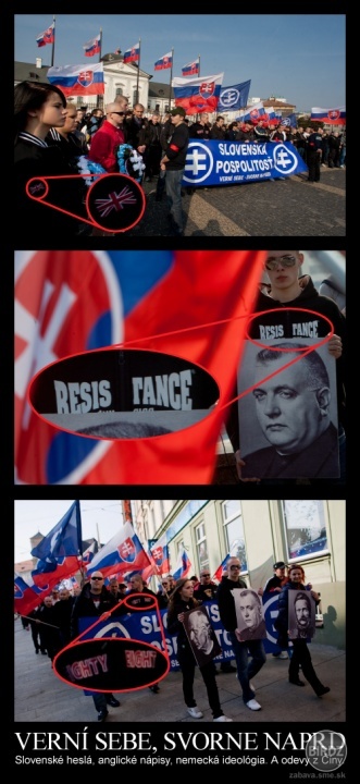 Verní sebe, svorne naprd!
Slovenské heslá, anglické nápisy, nemecká ideológia. A odevy z Číny.