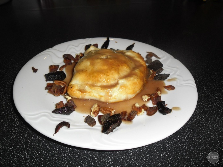 Duck Pithiviers (puff pastry stuffed with confit duck legs, sautéed duck breasts, mushrooms dired fruits with red wine and duck jus)