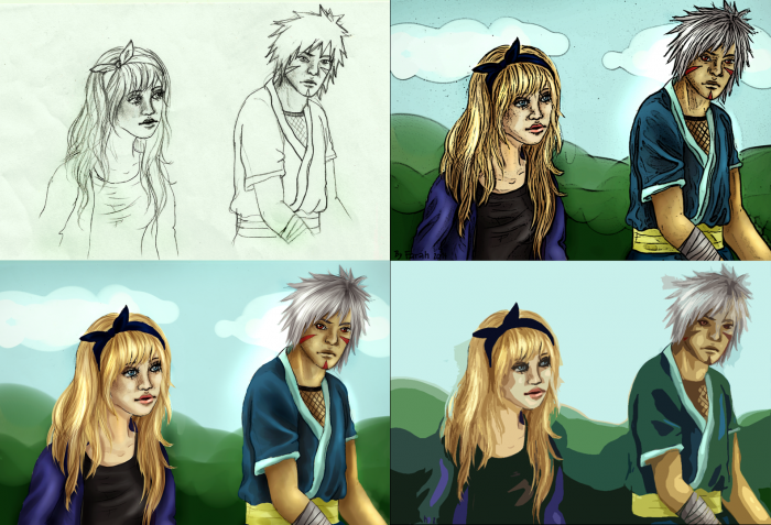 experiment, 4 verzie: sketch, digi-maľba, posterizácia a vystrihnutie
Senju Tobirama a moja OC