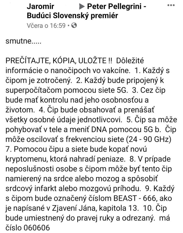 takže Covid šíria ilumináti aby nás cez 5G čipy ovládali. Zdieľaj kým nezmažú!