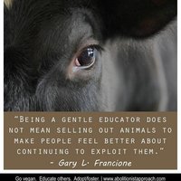 Byť miernym(i) vzdelávateľom/mi neznamená zapredať zvieratá, aby sa ľudia cítili lepšie, pokračujúc v ich vykorisťovaní. #nowelfarismzone #govegan