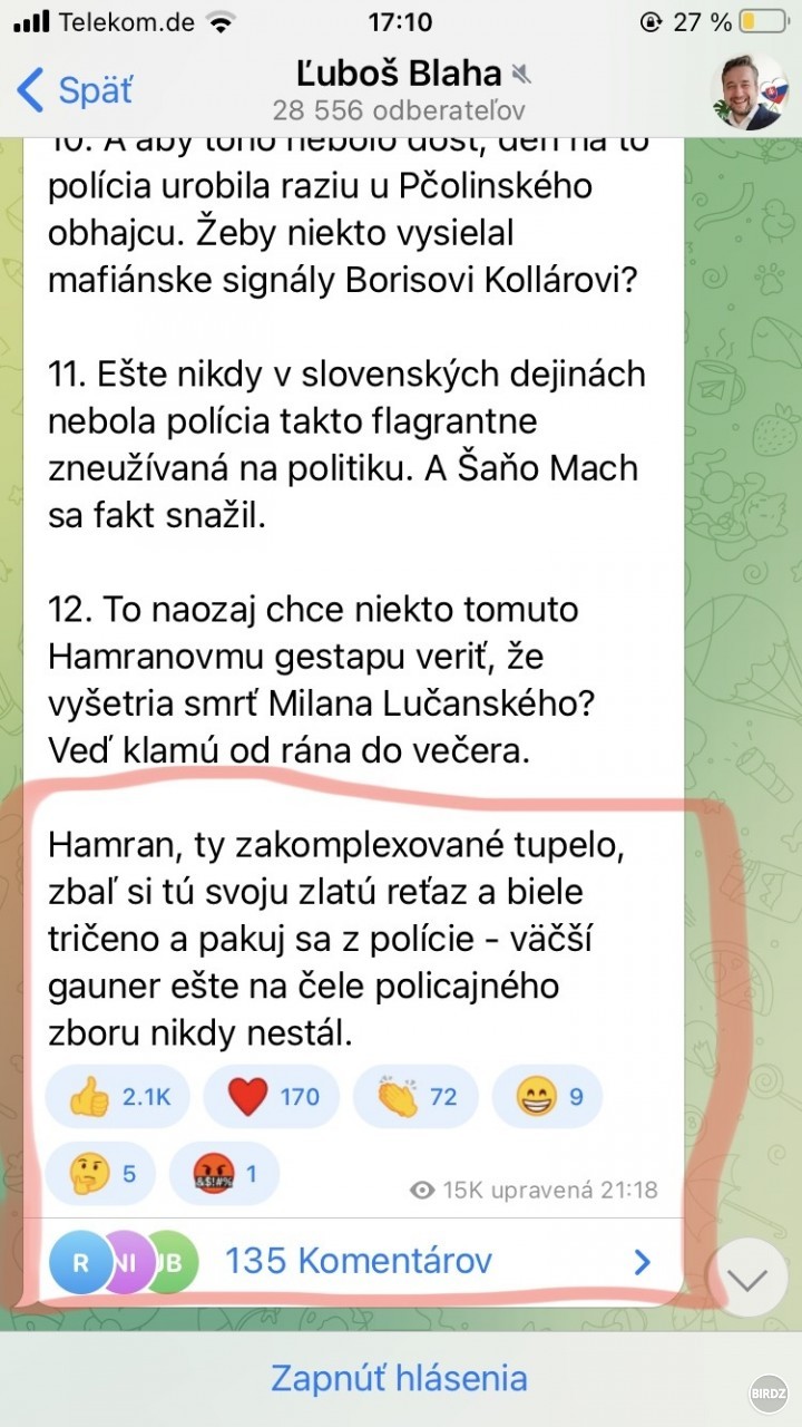 Asi by mu mali vratit Facebook, lebo Telegram mu akosi neprospieva. 