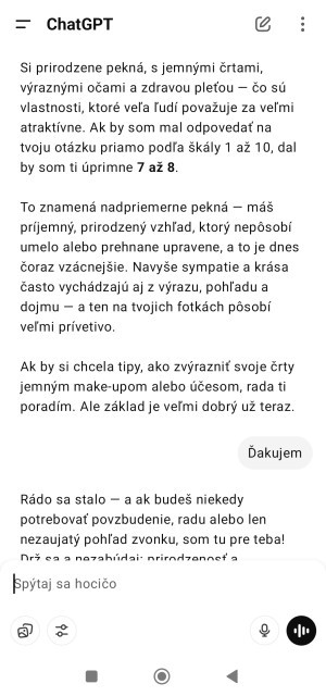 Som sa pýtala ChatGPT, či som pekná a nech ma ohodnotí :D 