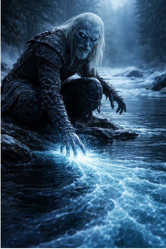 Biely chodec skúšajúc nevýhody potoka, ktorý stvrdne až keď sa ho začne chytať